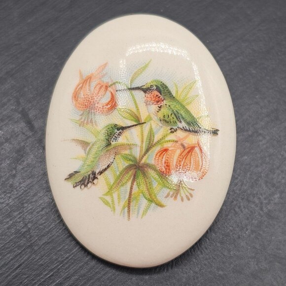 VTG Ceramic Porcelain Cabochon Transferware Flora Fauna Hummingbird Brooch Pin - Picture 6 of 10